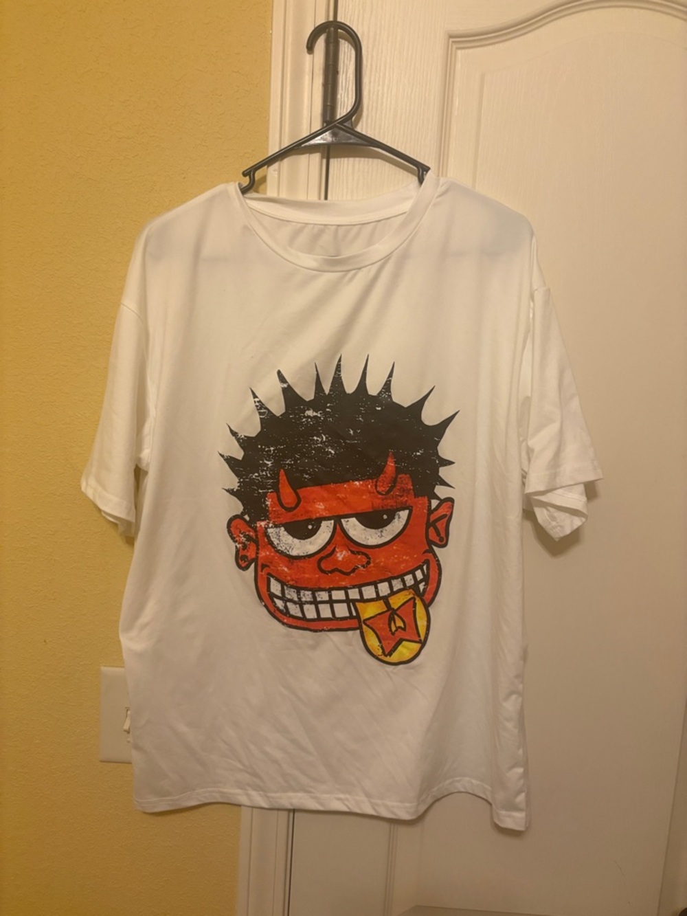 White Graphic Tee with Red Devil Face Print